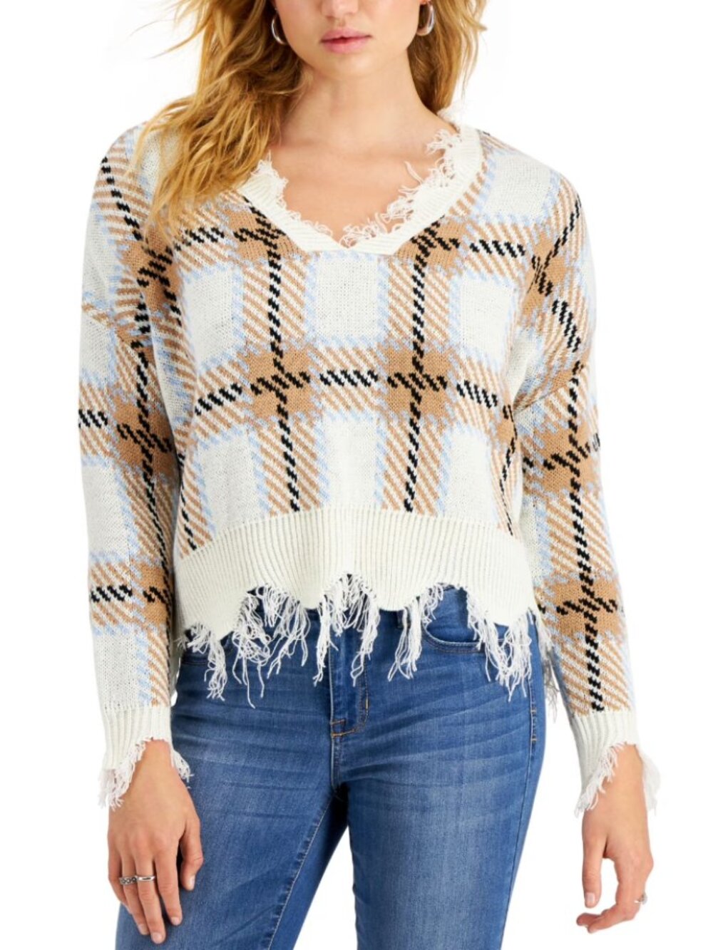 Rue21 Frayed Plaid Cropped Crewneck Sweater - White, Tan & Light Blue